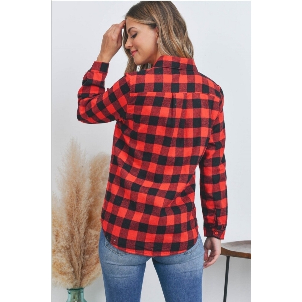 Check Me Out Sherpa Fleece Lined Plaid Flannel Shirt in Red & Black - Picture 4 of 11